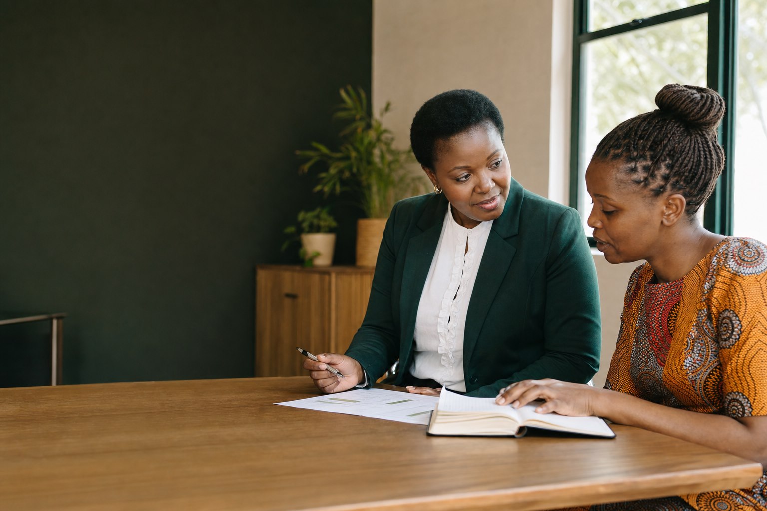 A finance adviser reviews a cash-flow worksheet with a small-business owner.